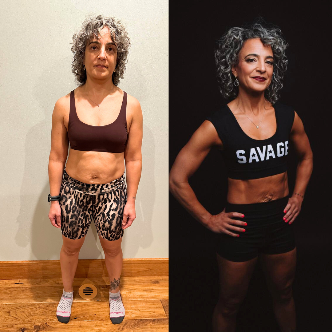 Suzy’s transformation journey overcoming menopause weight gain and reducing belly fat through strength training, balanced nutrition, and lifestyle changes